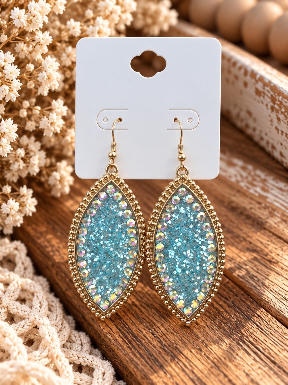 Turquoise Blue Glitter Marquise Statement Earrings – Gold Tone